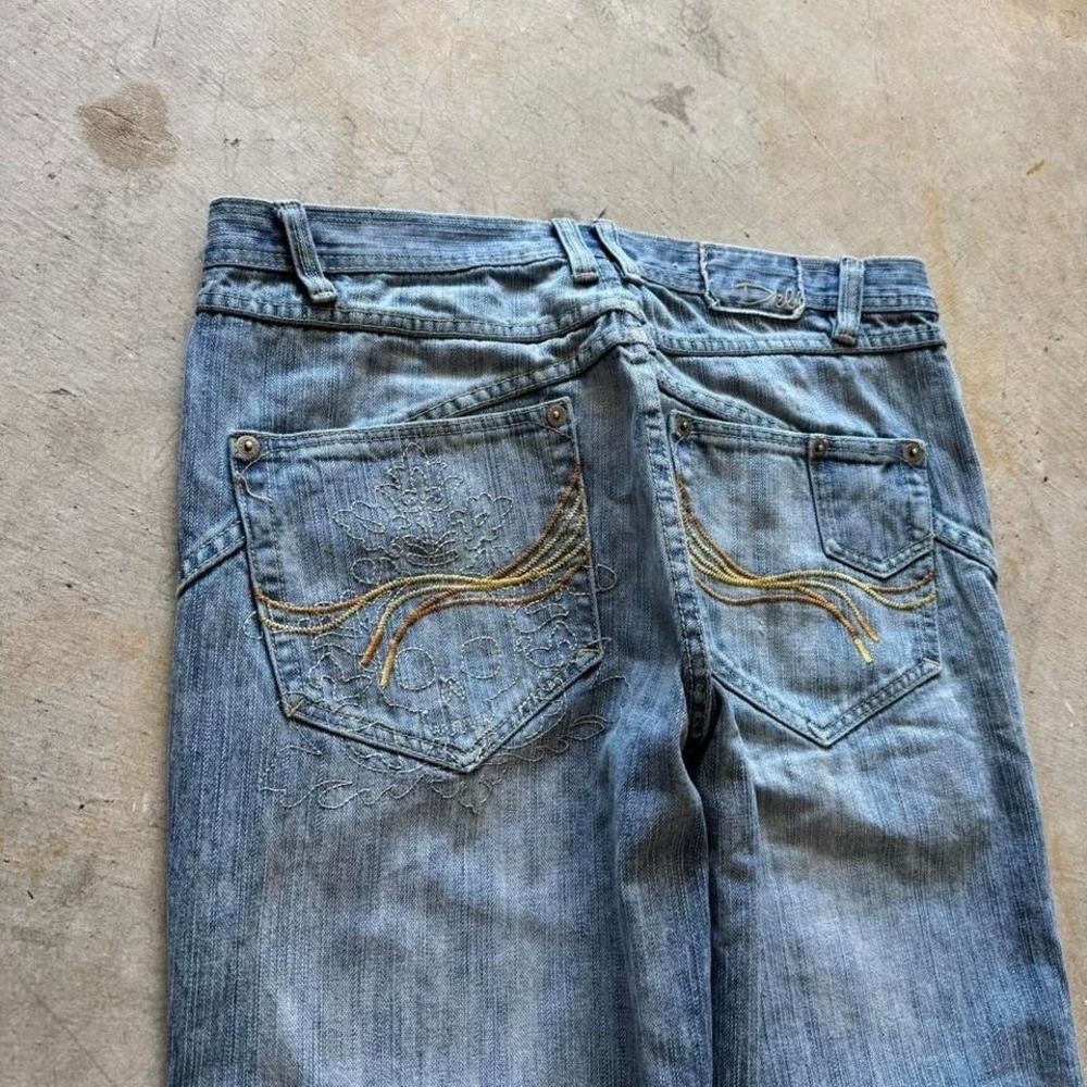 Baggy Delf Skull Embroidered Wide Leg Southpole Styl Y2K Vintage Denim Jeans 36
